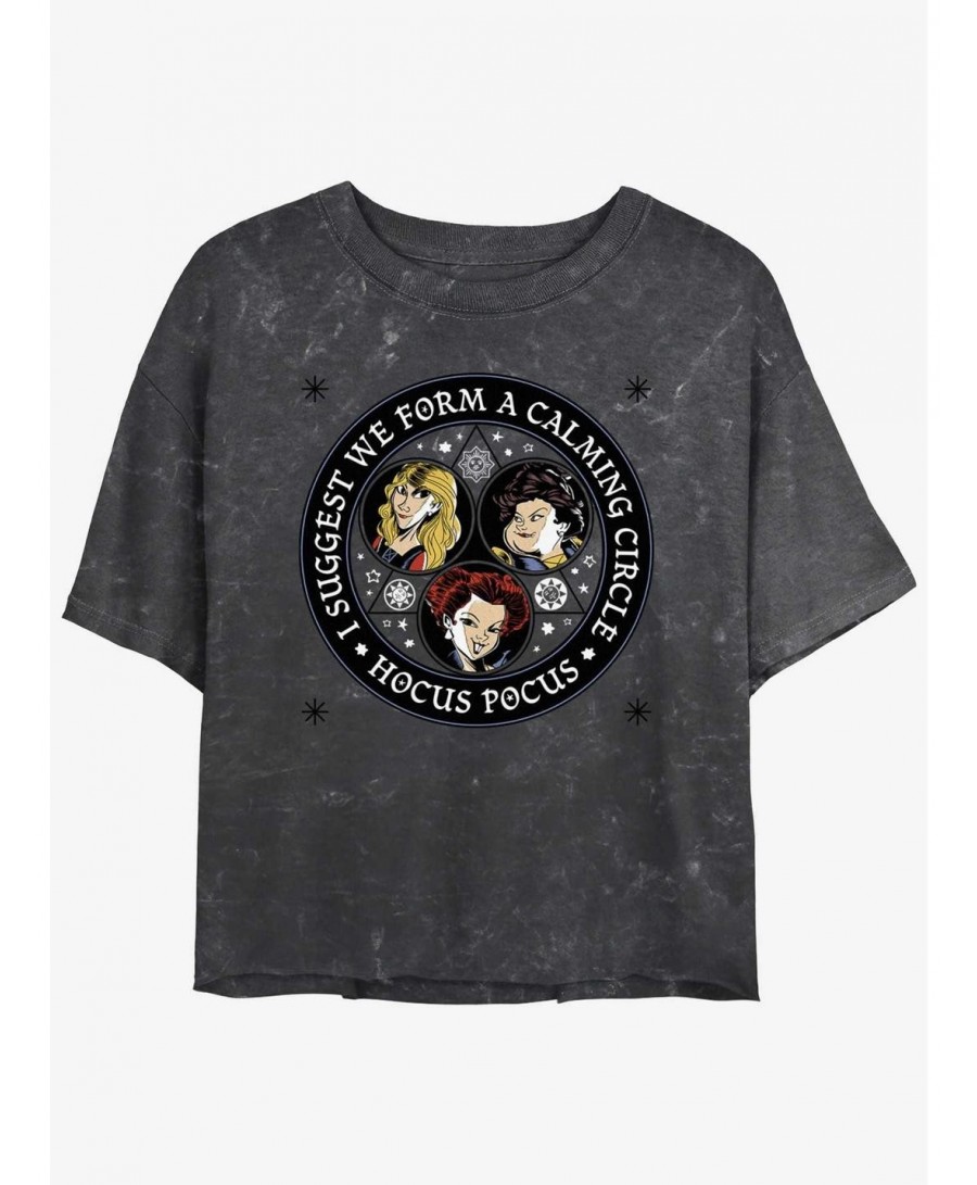 Sale Item Disney Hocus Pocus Sanderson Sisters Calming Circle Mineral Wash Girls Crop T-Shirt $7.63 T-Shirts